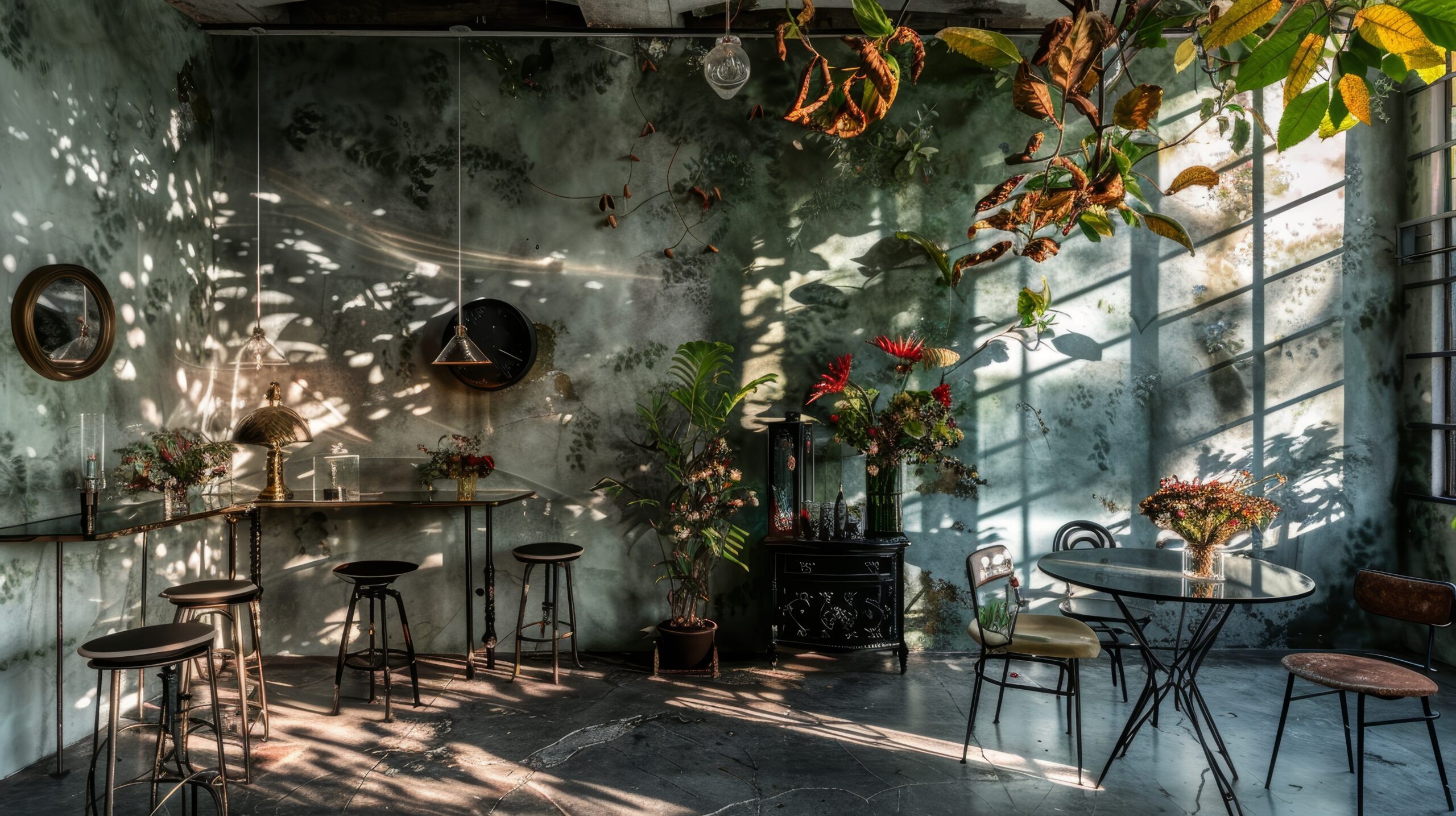 A sunlit, overgrown room in an abandoned or neglected building, with dappled light illuminating the space